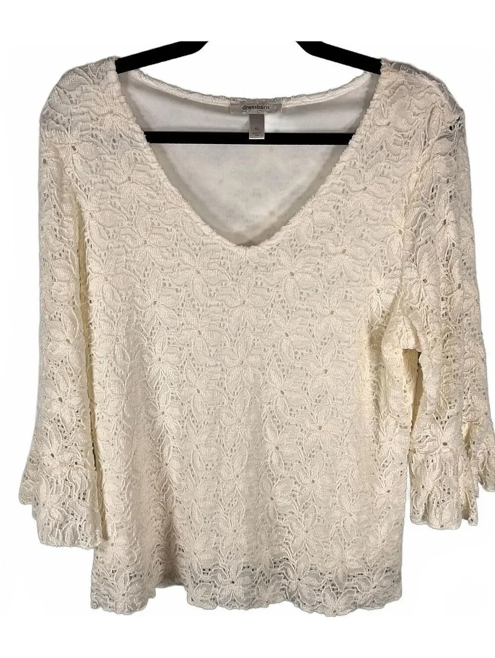 Dressbarn White Floral Lace Top Bell Sleeve V-Neck Cottagecore Blouse Size XL